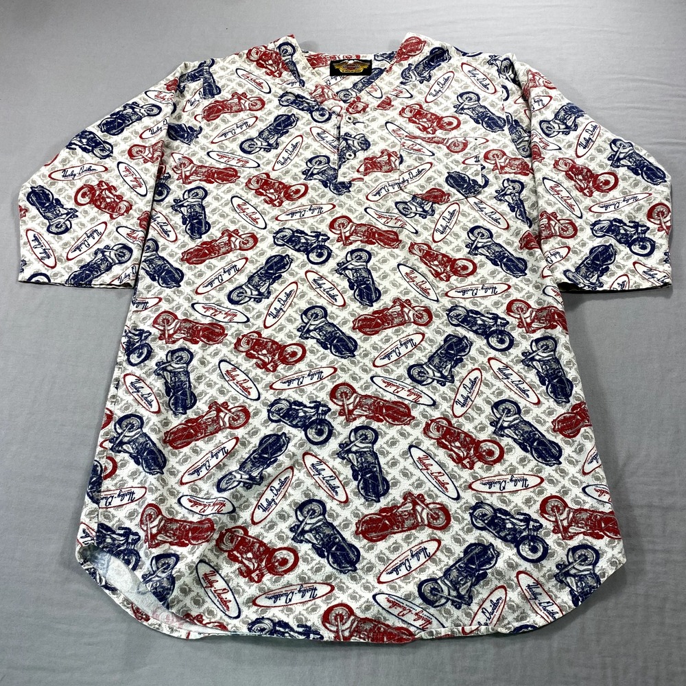 VTG Harley Davidson Shirt Mens Large Henley All Over Print Motorcycle USA Made